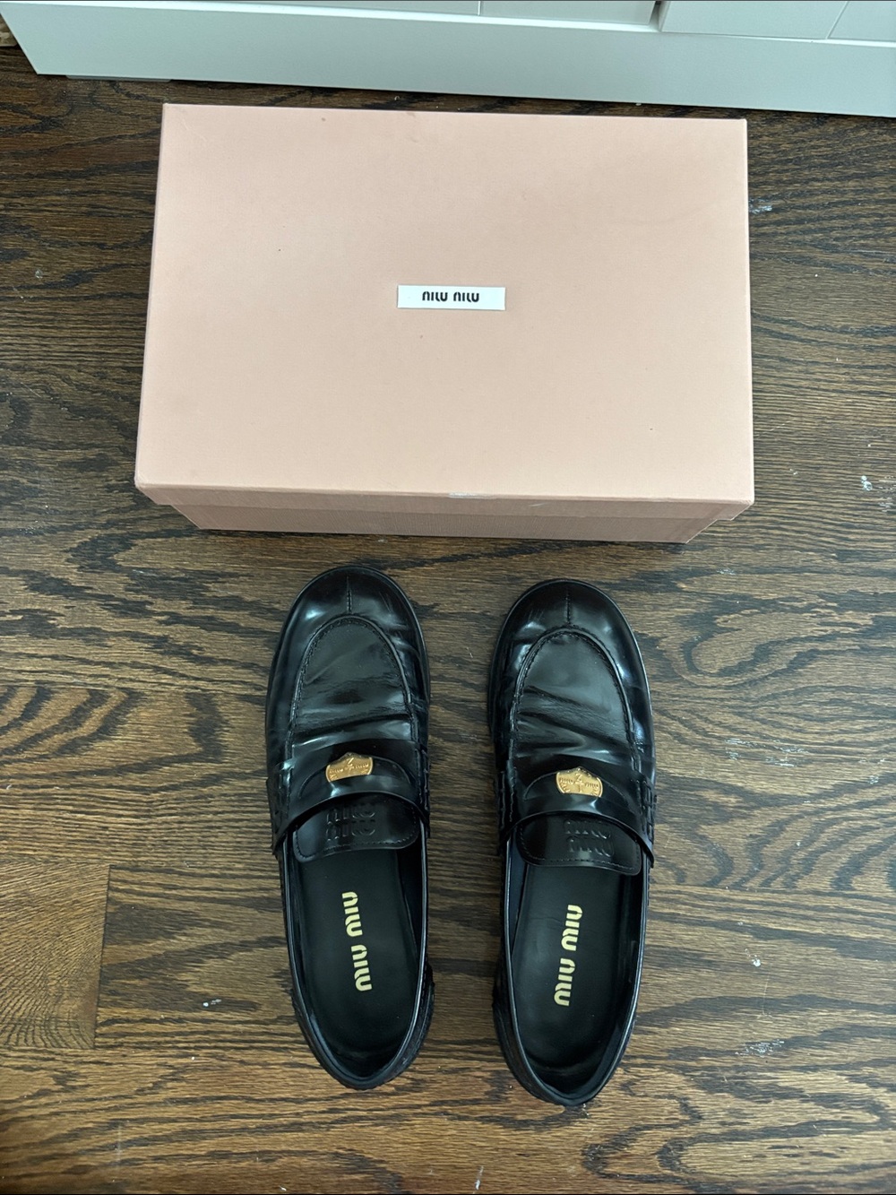 Miu Miu Black Leather Penny Loafers with Gold Accent - Picture 11 of 12